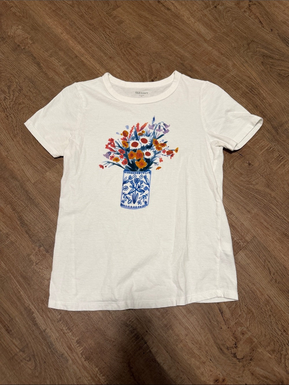 Old Navy White Tee with Blue Vase and Multicolor Floral Print